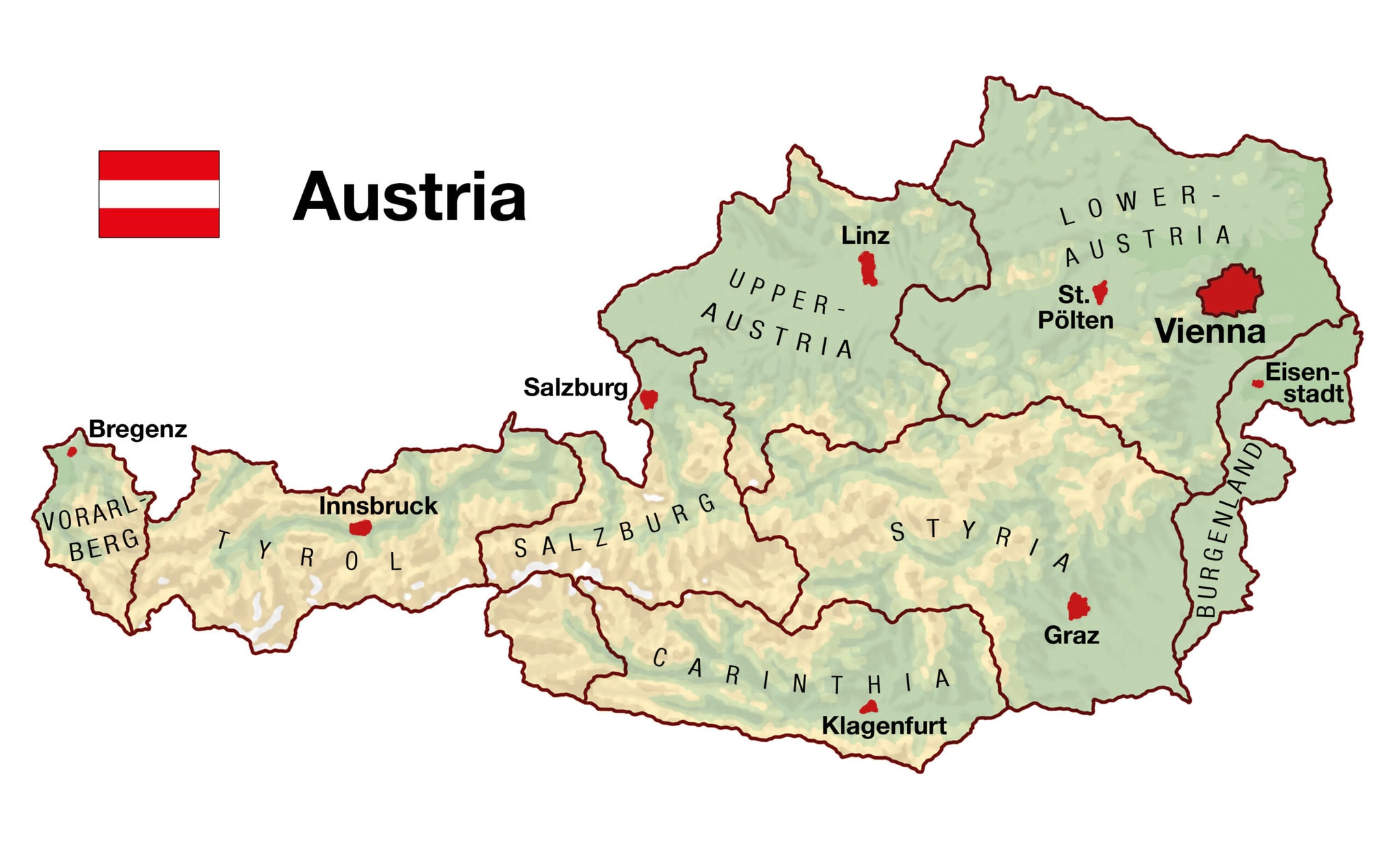 מפת אוסטריה והחלוקה לאזורים